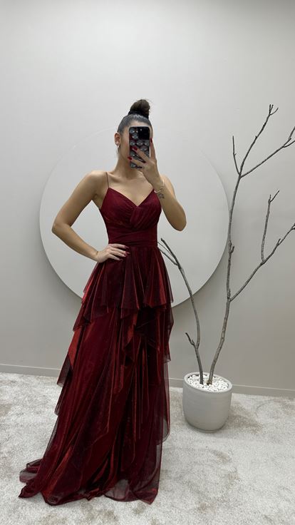 Bordo İp Askılı Volan Detay Tasarım Elbise