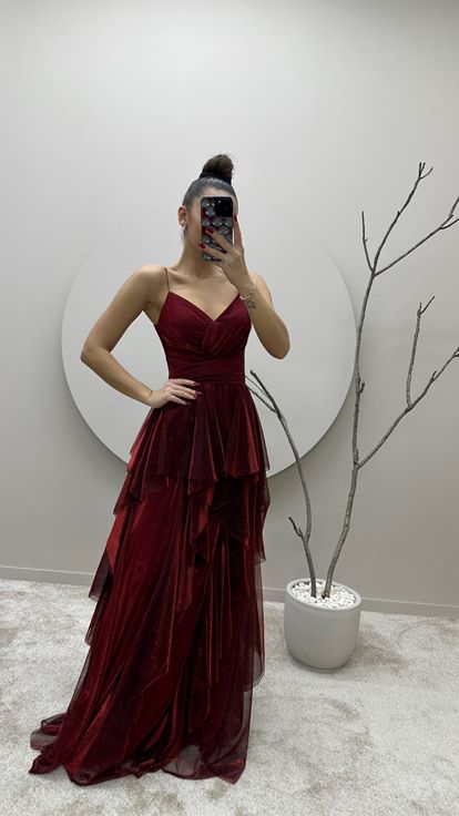 Bordo İp Askılı Volan Detay Tasarım Elbise