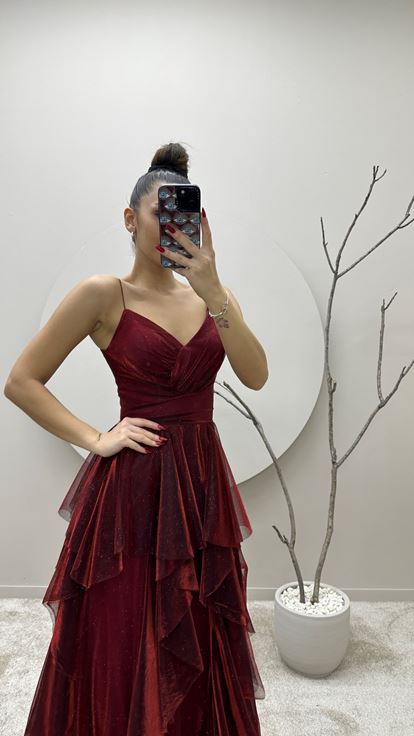 Bordo İp Askılı Volan Detay Tasarım Elbise