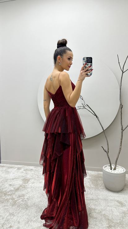 Bordo İp Askılı Volan Detay Tasarım Elbise