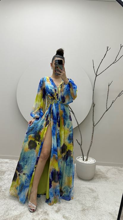 Blue Balloon Sleeve Waist Embroidered Design Chiffon Evening Dress