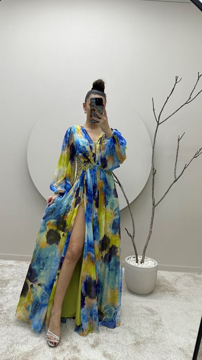 Blue Balloon Sleeve Waist Embroidered Design Chiffon Evening Dress