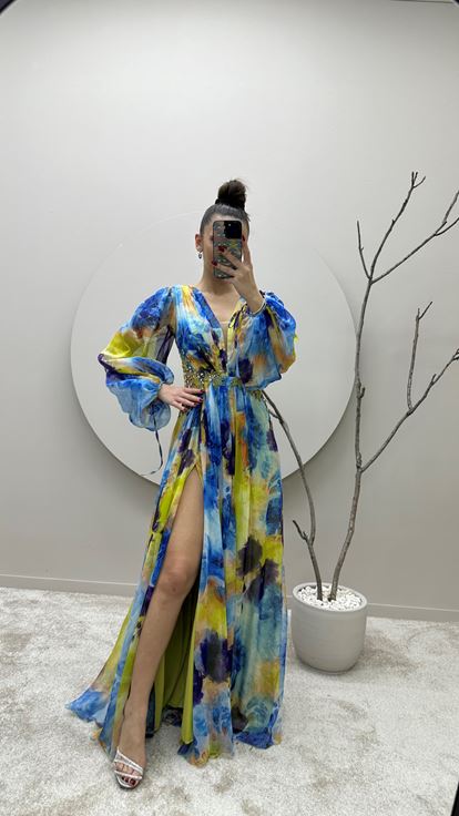 Blue Balloon Sleeve Waist Embroidered Design Chiffon Evening Dress
