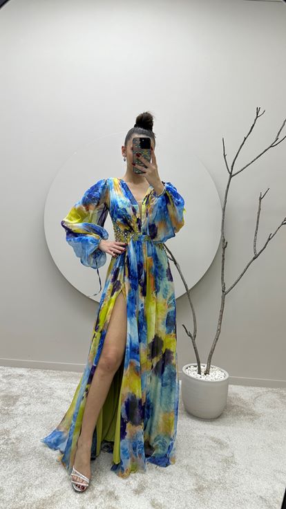 Blue Balloon Sleeve Waist Embroidered Design Chiffon Evening Dress