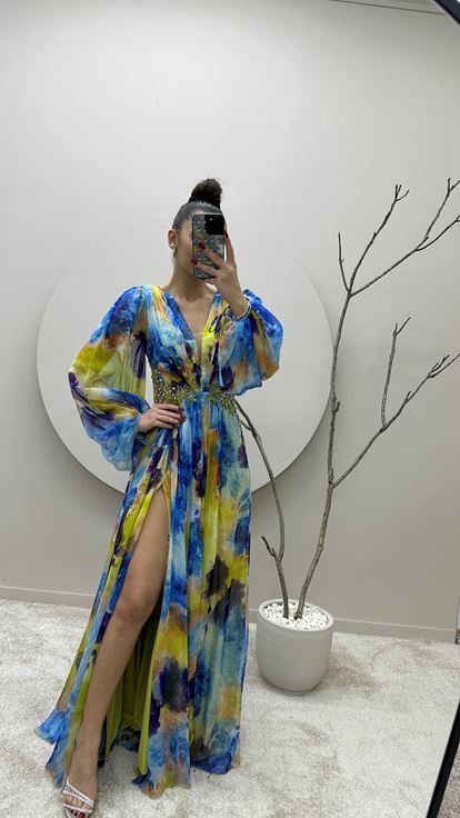 Blue Balloon Sleeve Waist Embroidered Design Chiffon Evening Dress