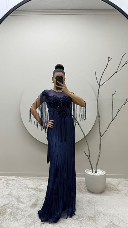 Navy Blue Chest Embroidered Tassel Detail Design Evening Dress