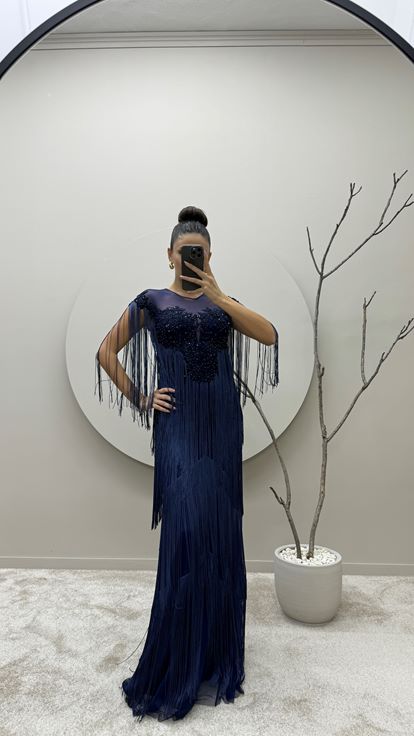 Navy Blue Chest Embroidered Tassel Detail Design Evening Dress