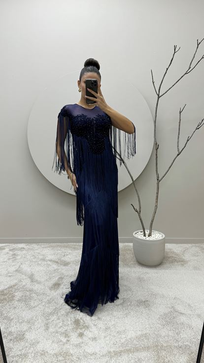 Navy Blue Chest Embroidered Tassel Detail Design Evening Dress