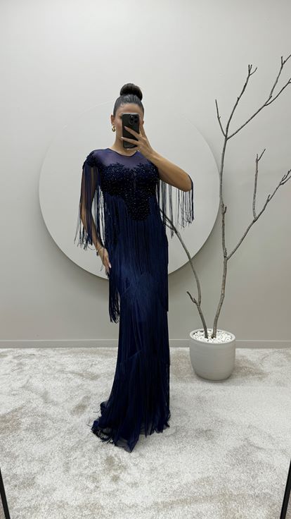 Navy Blue Chest Embroidered Tassel Detail Design Evening Dress