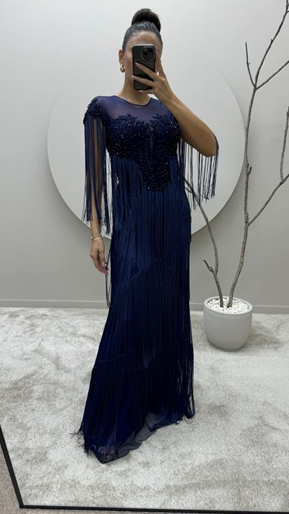 Navy Blue Chest Embroidered Tassel Detail Design Evening Dress