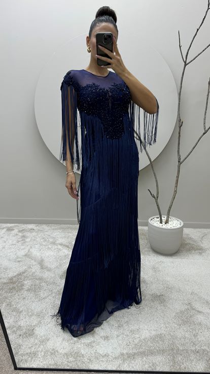 Navy Blue Chest Embroidered Tassel Detail Design Evening Dress