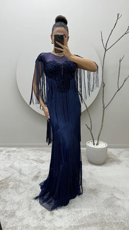 Navy Blue Chest Embroidered Tassel Detail Design Evening Dress