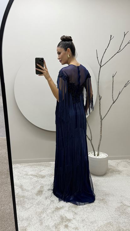 Navy Blue Chest Embroidered Tassel Detail Design Evening Dress