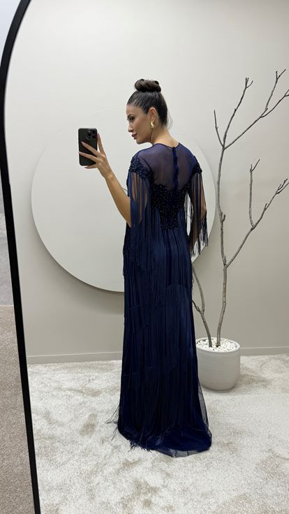 Navy Blue Chest Embroidered Tassel Detail Design Evening Dress