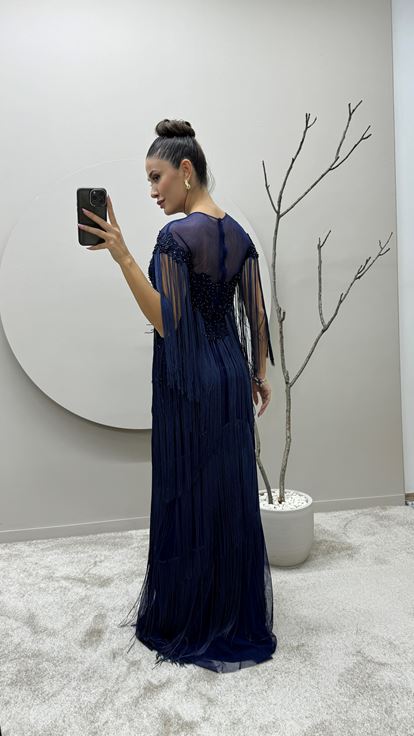 Navy Blue Chest Embroidered Tassel Detail Design Evening Dress
