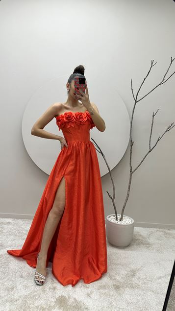 Orange Chest Floral Detail Design Evening Dress