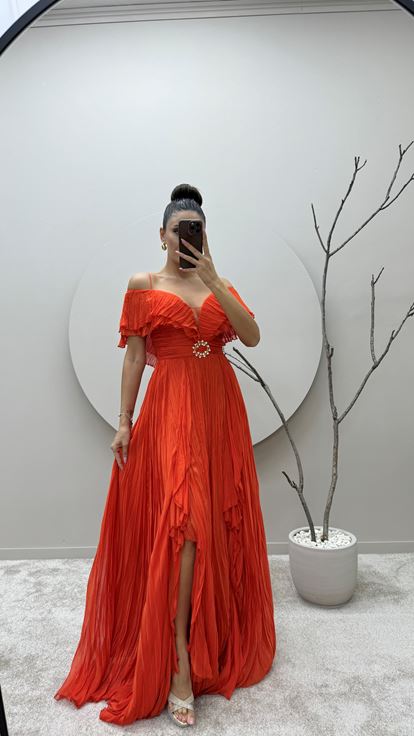 Orange Strappy Designer Dress with Brooch