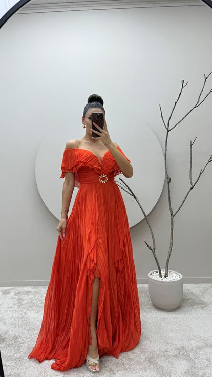 Orange Strappy Designer Dress with Brooch