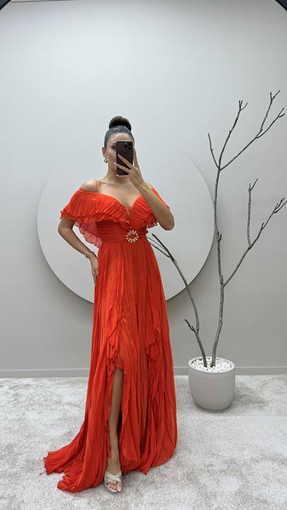 Orange Strappy Designer Dress with Brooch