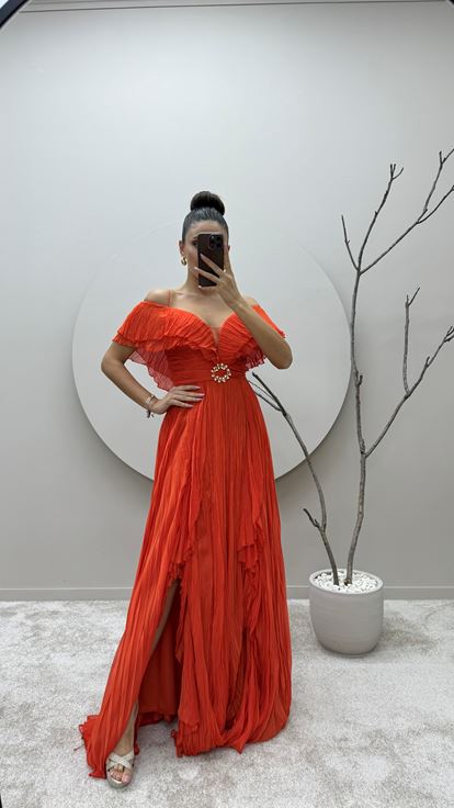 Orange Strappy Designer Dress with Brooch