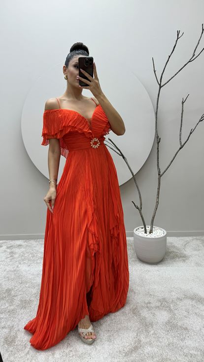Orange Strappy Designer Dress with Brooch
