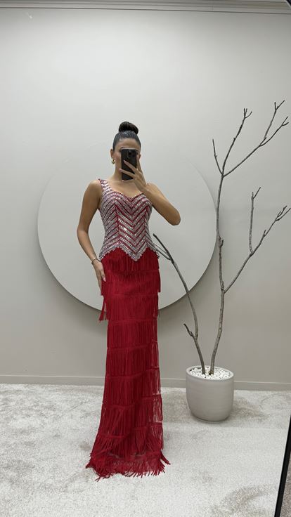 Red Stone Embroidered Tassel Detail Layer Design Evening Dress