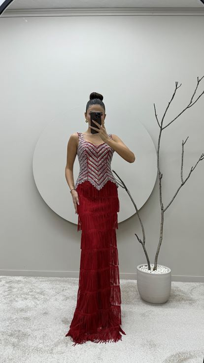 Red Stone Embroidered Tassel Detail Layer Design Evening Dress