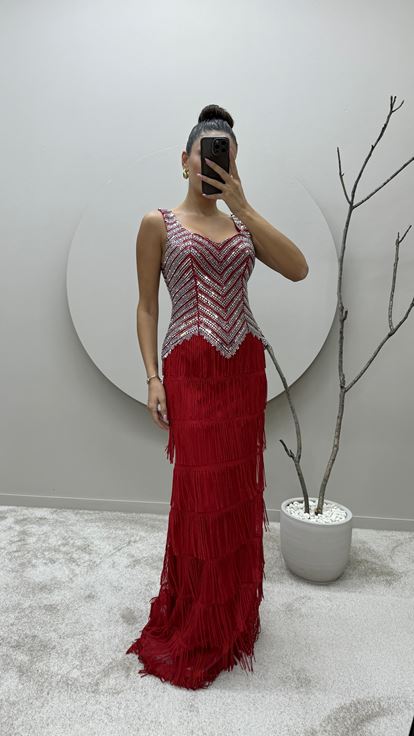 Red Stone Embroidered Tassel Detail Layer Design Evening Dress