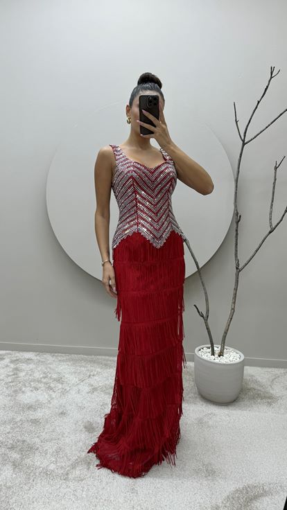 Red Stone Embroidered Tassel Detail Layer Design Evening Dress