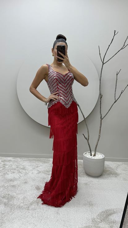 Red Stone Embroidered Tassel Detail Layer Design Evening Dress