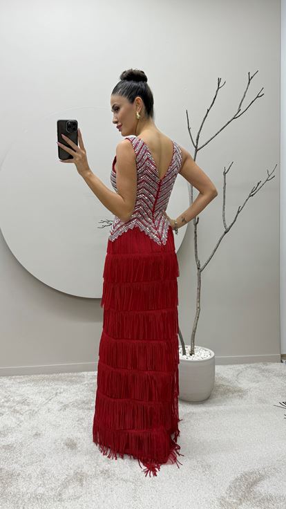 Red Stone Embroidered Tassel Detail Layer Design Evening Dress