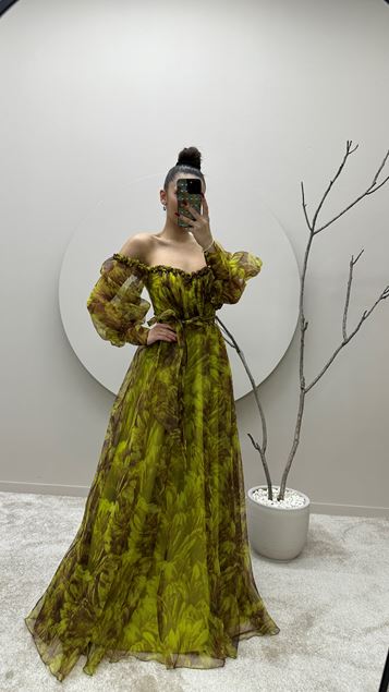 Yellow Balloon Sleeve Chest Ruffled Patterned Design Dress