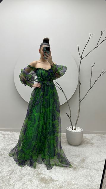 Yeşil Balon Kol Göğsü Fırfırlı Desenli Tasarım Elbise