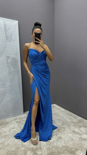 Abito Da Sera Ricamato İn Indigo Polka Dot