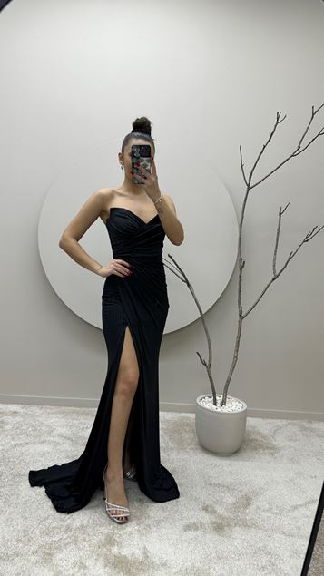 Black Polka Dot Embroidered Design Evening Dress