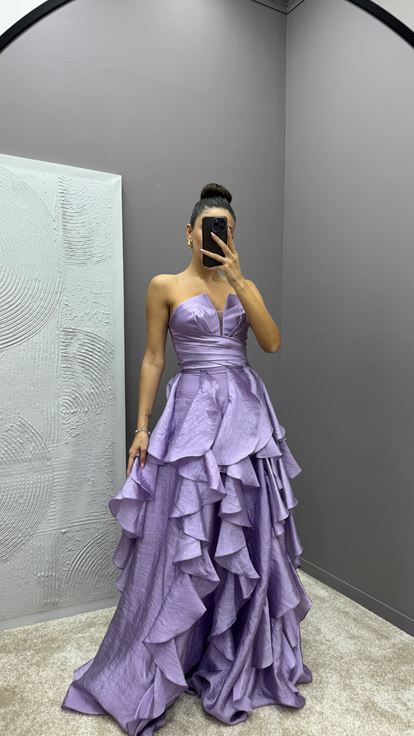 Lilac Skirt Flounced Design Evening Dress