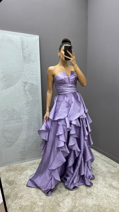 Lilac Skirt Flounced Design Evening Dress