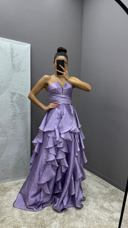 Lilac Skirt Flounced Design Evening Dress