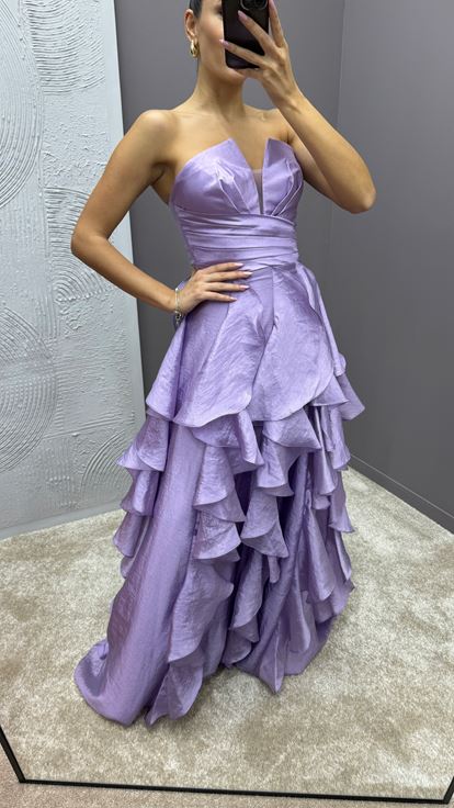 Lilac Skirt Flounced Design Evening Dress