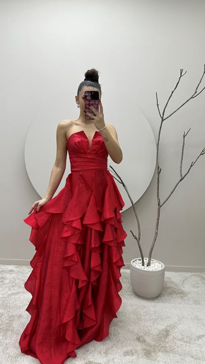 Red Skirt Flounced Design Evening Dress