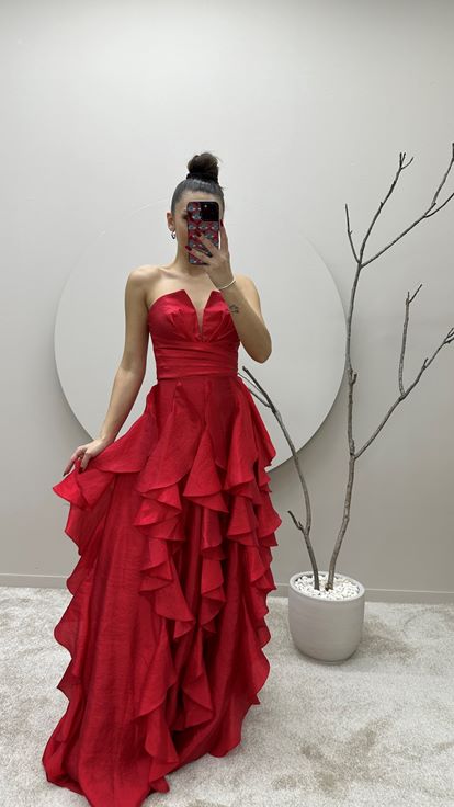 Red Skirt Flounced Design Evening Dress