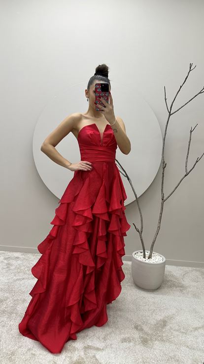 Red Skirt Flounced Design Evening Dress