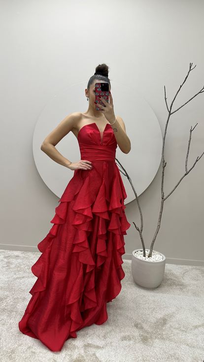 Red Skirt Flounced Design Evening Dress