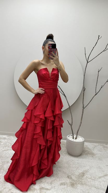 Red Skirt Flounced Design Evening Dress