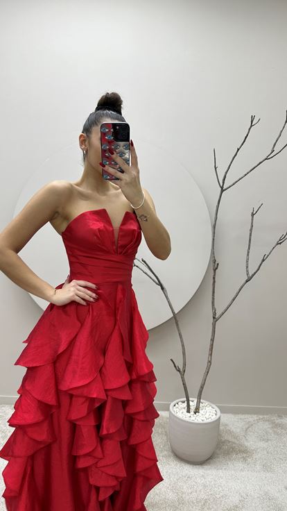 Red Skirt Flounced Design Evening Dress