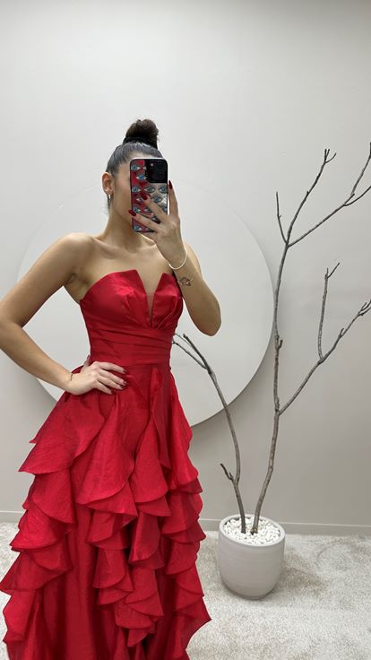 Red Skirt Flounced Design Evening Dress