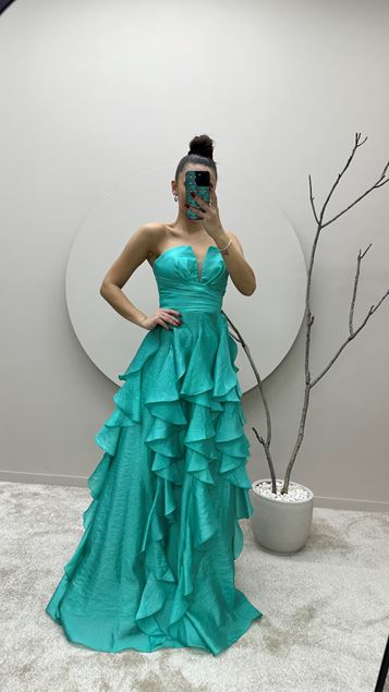 Mintgrünes Design-Abendkleid mit Volantrock