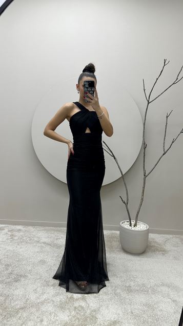 Scheggıo Sıngolo Nero Drapella Drapella Desıgn Abito Da Sera Shirred Design