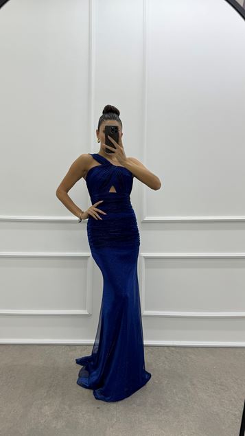 Saks One Shoulder Chest Draped Drawstring Design Evening Dress