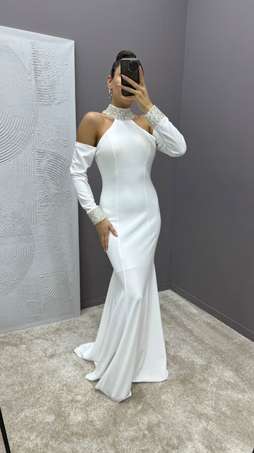 White Neck Detail Stone Embroidered Design Evening Dress